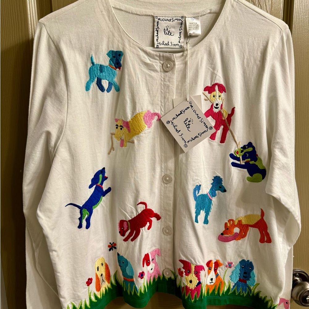 Wonderful, Whimsical Embroidered Dog Cardigan by Michael Simon Size XL